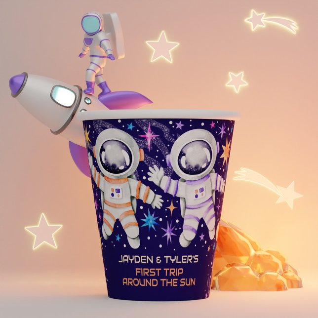 Gobelets En Papier Twins Premier voyage autour des roquettes des astr (Twins First Trip Around the Sun Astronaut Rockets Paper Cups)