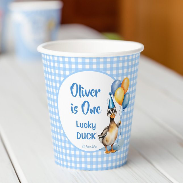 Gobelets En Papier Un canard chanceux bleu en vichy anniversaire impr (One lucky duck blue gingham birthday party printed paper cups cute mallard duck personalized cups)