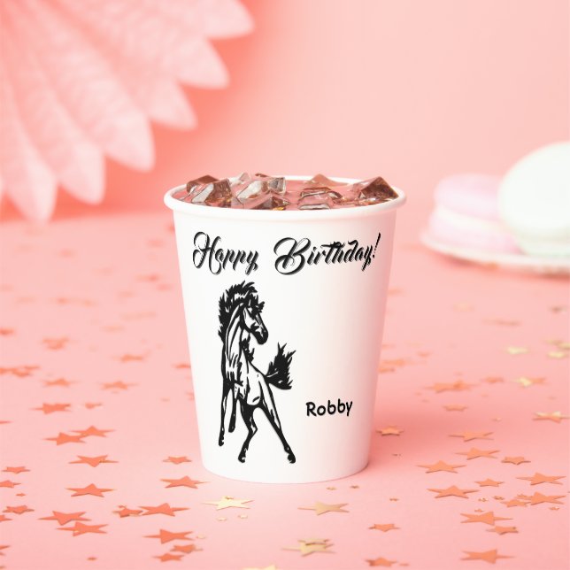 Gobelets En Papier Un cheval fringant Joyeux anniversaire avec nom (Insitu)