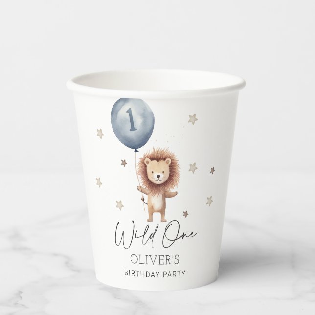 Gobelets En Papier Un Lion Sauvage Avec Ballon Premier anniversaire (Recto)