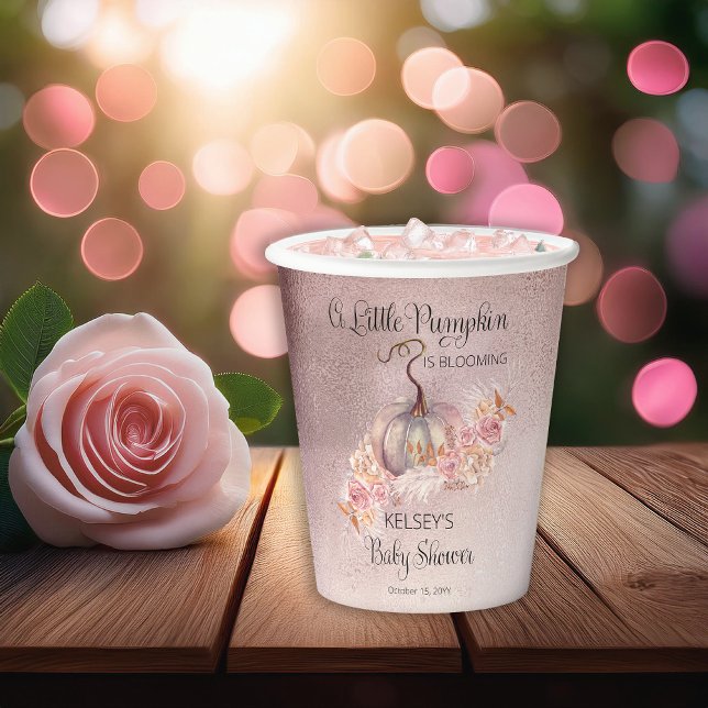 Gobelets En Papier Un Petit Citrouille Fleurit Baby shower Rose ("A Little Pumpkin Is Blooming" Pink Girl Pumpkin and Roses Boho Theme Fall Baby Shower Paper Cups)