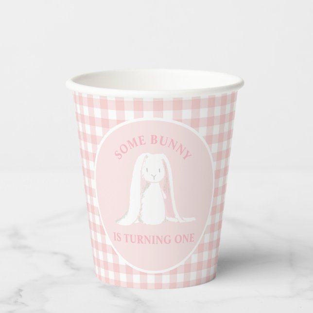 Gobelets En Papier Un petit lapin a un anniversaire rose en vichy (Recto)
