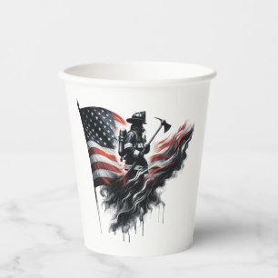 Gobelets En Papier Un pompier américain.Drapeau des Etats-Unis.