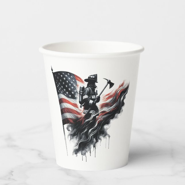 Gobelets En Papier Un pompier américain.Drapeau des Etats-Unis. (Recto)