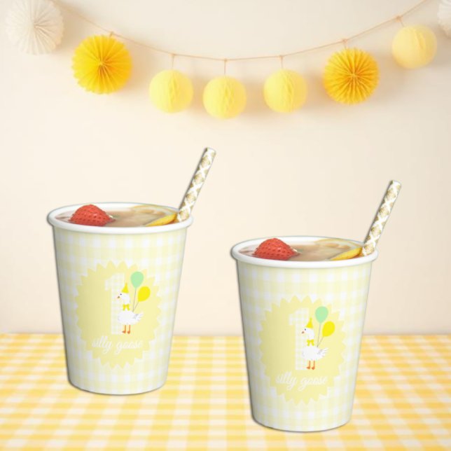 Gobelets En Papier Une drôle d'oie Gingham 1er anniversaire (Créateur téléchargé)