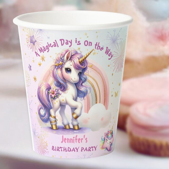 Gobelets En Papier Unicorn Anniversaire Girl Purple Gold Rainbow Papi (Créateur téléchargé)