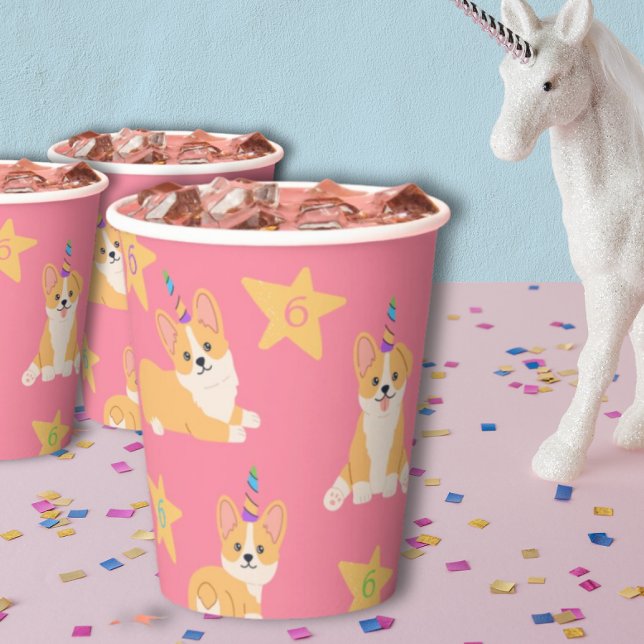 Gobelets En Papier Unicorn fille Anniversaire, Corgi âge personnalisé (Créateur téléchargé)