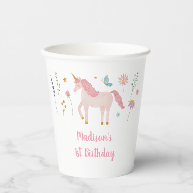 Gobelets En Papier Unicorn Meadow Pastel Pink Gold Birthday (Recto)