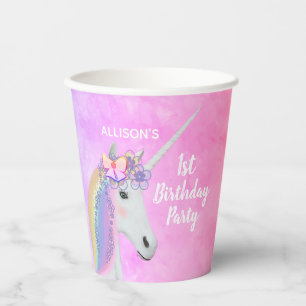 Gobelets En Papier Unicorne 1er anniversaire Pink Purple Aquarelle No