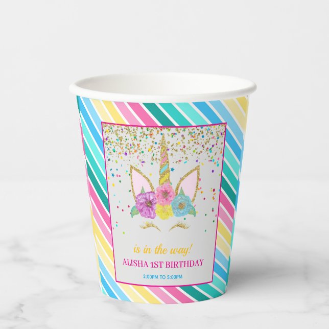 Gobelets En Papier Unicorne Anniversaire 1er Anniversaire (Recto)