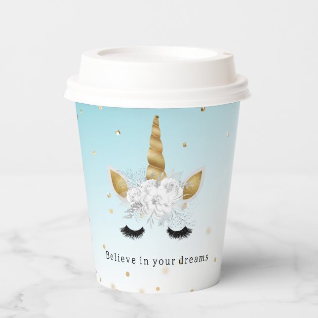 Gobelets En Papier Unicorne Florale Blanc Or (Recto)