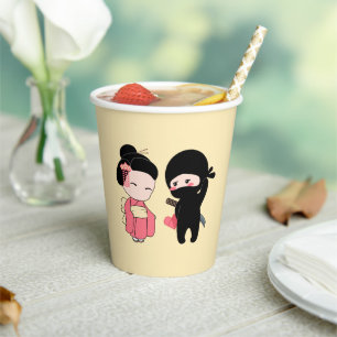 Gobelets En Papier Valentine Ninja et Geisha sur Yellow
