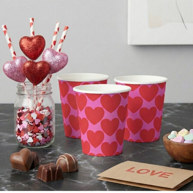 Gobelets En Papier Valentine's Day Pink and Red Heart Pattern Party (Créateur téléchargé)