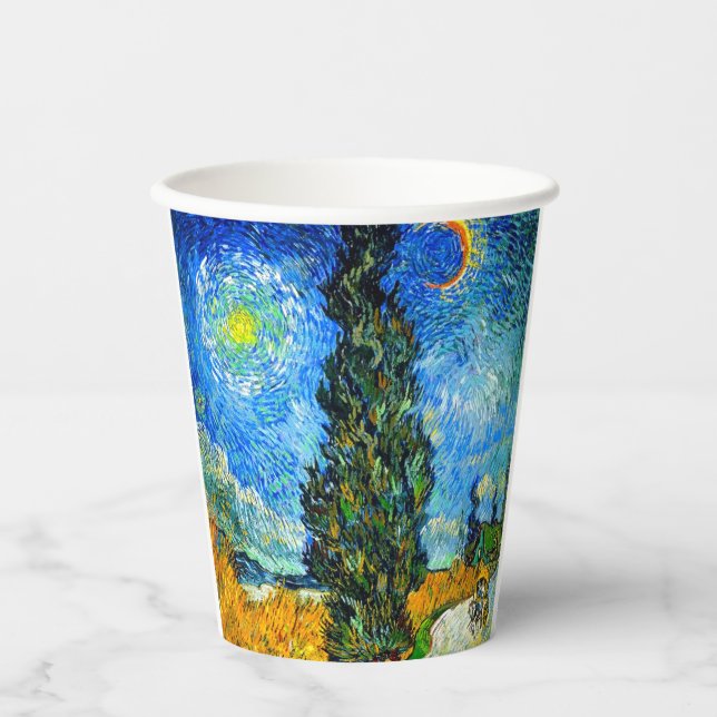 Gobelets En Papier Van Gogh Road avec Cypress et Star (Recto)
