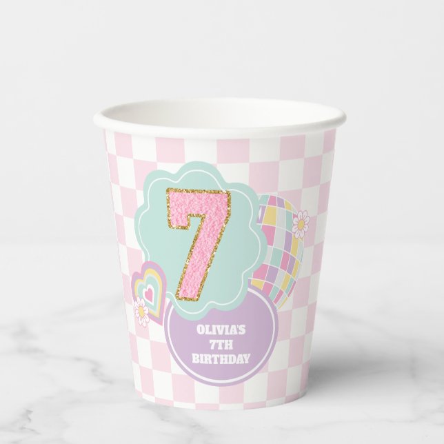 Gobelets En Papier Varsity élégant pastel patch 7e anniversaire (Recto)