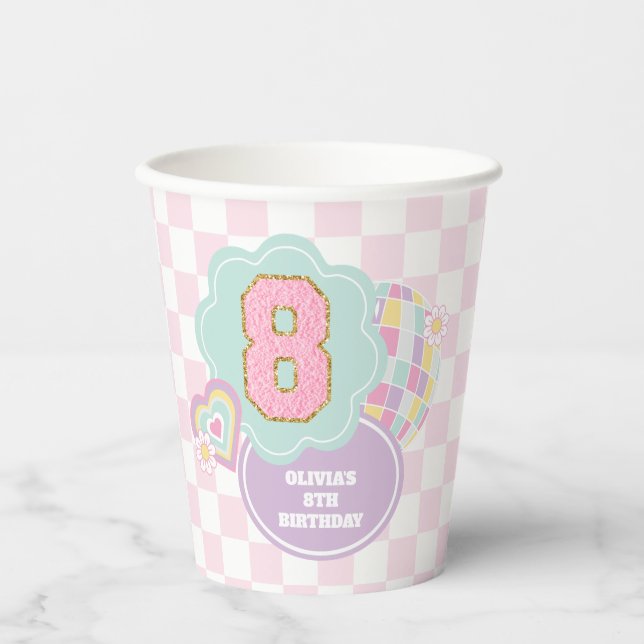 Gobelets En Papier Varsity preppy pastel patch 8ème Anniversaire (Recto)