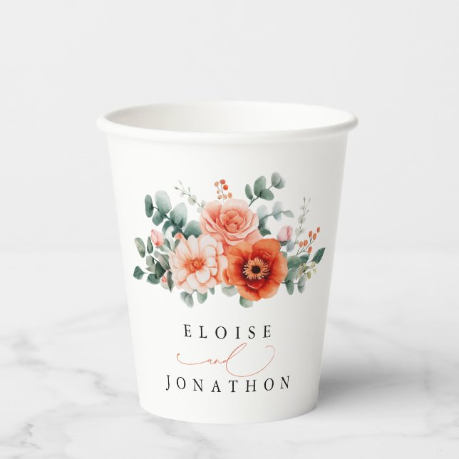 Gobelets En Papier Verona Sunset Bright Orange Moderne Mariage Floral (Recto)
