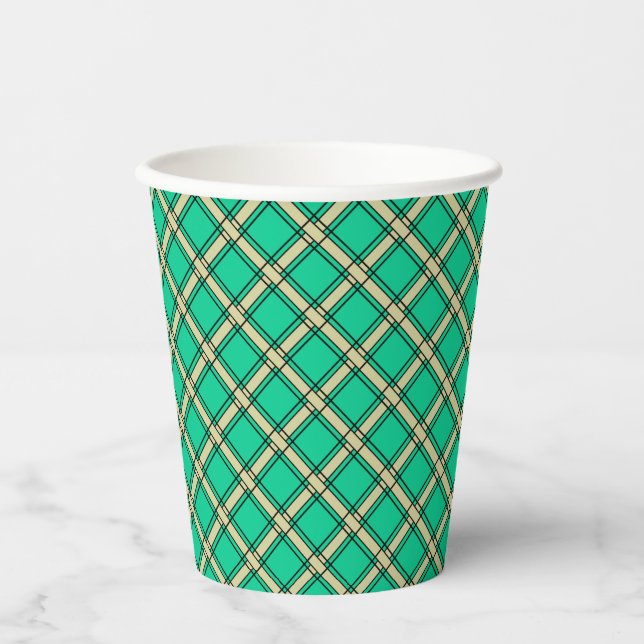 Gobelets En Papier Vert beige, motif plaid (Recto)