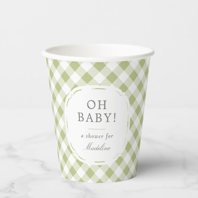 Gobelets En Papier Vert et blanc En vichy Motif Oh Baby shower (Recto)