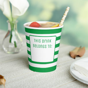 Gobelets En Papier Vert et blanc rayé "Cette boisson appartient à"