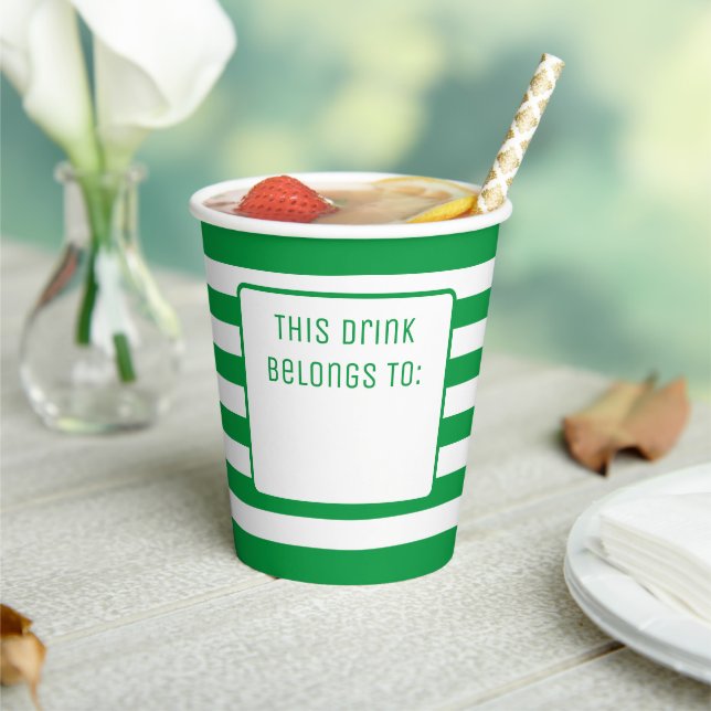 Gobelets En Papier Vert et blanc rayé "Cette boisson appartient à" (Insitu)