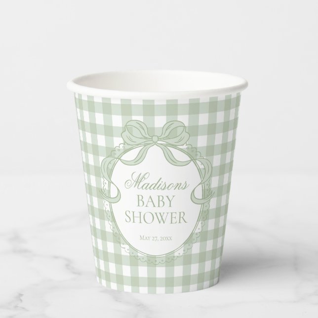 Gobelets En Papier Vert Gingham Coquette Noeud Baby Shower (Recto)
