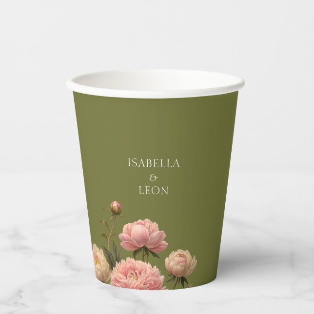 Gobelets En Papier Vert olive et Mariage Rose (Recto)