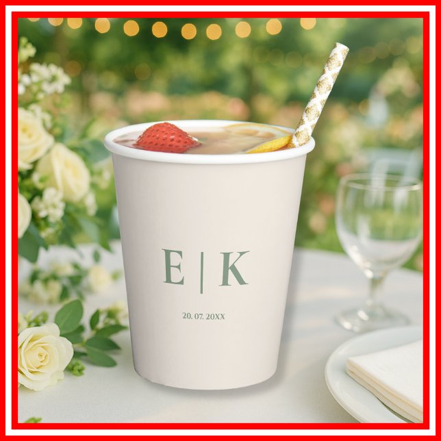 Gobelets En Papier Vert Sauge Monogram | Mariage (Créateur téléchargé)