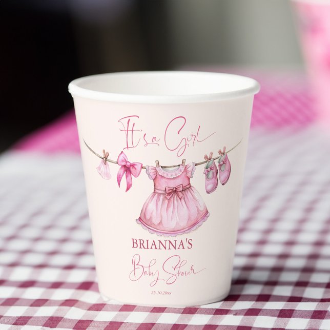 Gobelets En Papier Vêtements rose preppy sur une ligne baby shower pe (Preppy pink clothes on a line baby shower customized paper cups personalized baby shower tableware)
