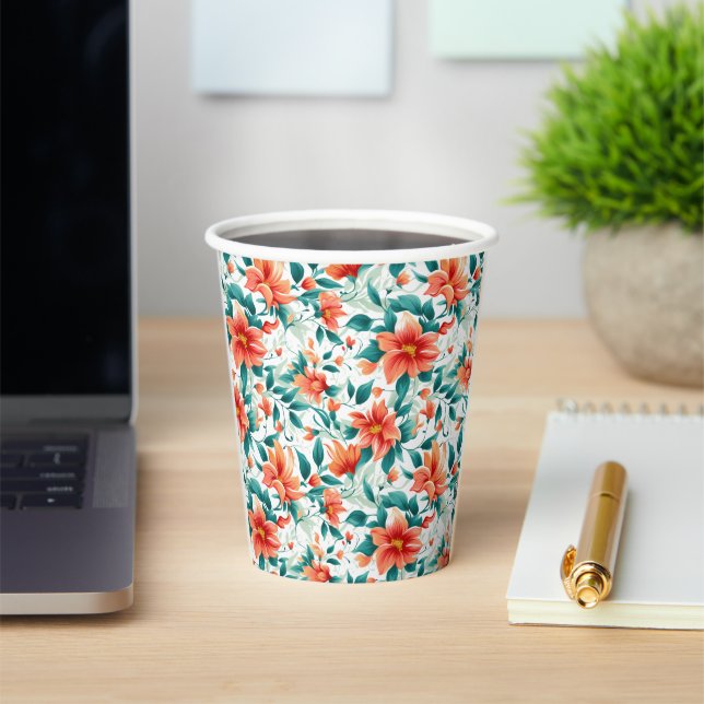Gobelets En Papier Vibrant Orange Floral Garden Pattern - Elegant Tea (Insitu)