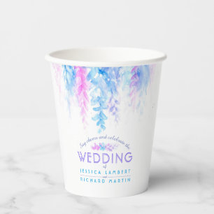Gobelets En Papier Vigne fleurie bleue fleurs aquarelle mariage