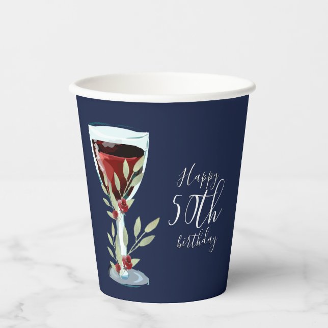 Gobelets En Papier Vin rouge Rose Aquarelle marine bleu 50e anniversa (Recto)
