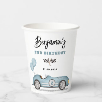 Gobelets En Papier Vintage Blue Race Car Deux Fast Boy Anniversaire