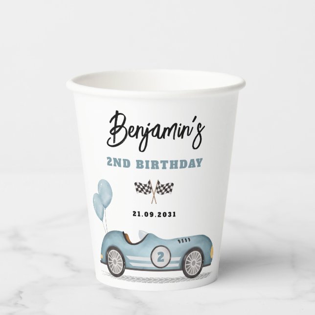 Gobelets En Papier Vintage Blue Race Car Deux Fast Boy Anniversaire (Recto)