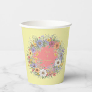 Gobelets En Papier Vintage couronne de fleurs Mariage rose jaune