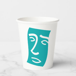 Gobelets En Papier Visage Abstrait Moderne Art Linéaire Sarcelle