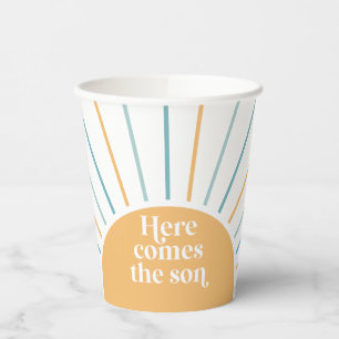 Gobelets En Papier Voici venir le fils Boho Baby Shower bleu soleil