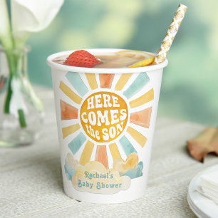 Gobelets En Papier Voici venir le fils Retro Sunburst Baby Shower