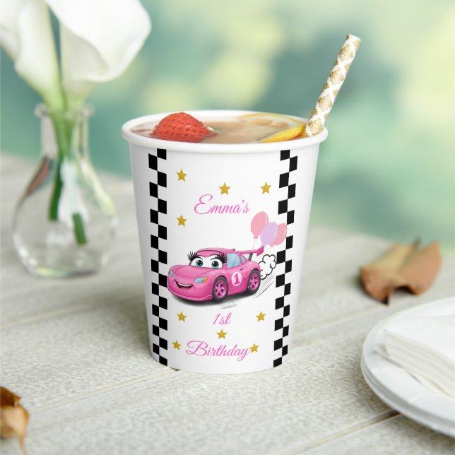 Gobelets En Papier Voiture Rose Race Gold Stars Anniversaire (Insitu)