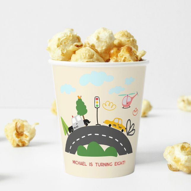 Gobelets En Papier Voitures et véhicules sur la route garçon annivers (Créateur téléchargé)