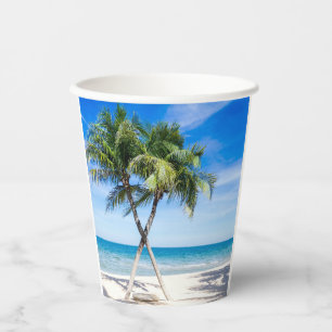 Gobelets En Papier Vue sur la mer avec palmiers sur la plage