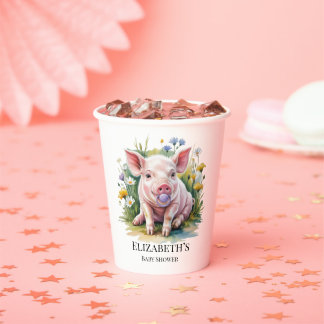 Gobelets En Papier Watercolor Baby Pig Wildflowers Baby Shower