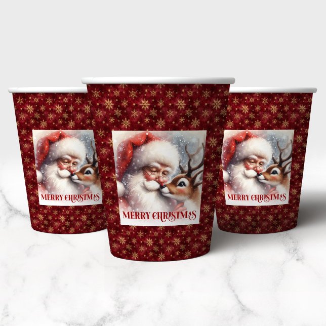 Gobelets En Papier Watercolor Santa and Rudolph Classic Christmas   (Watercolor Santa and Rudolph Classic Christmas Party Cups)