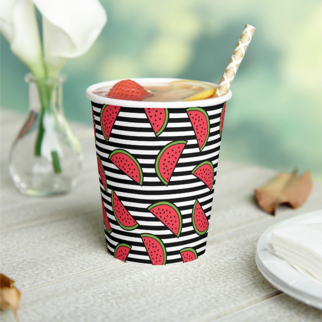 Gobelets En Papier Watermelon sur Motif Black & White Stripes (Insitu)