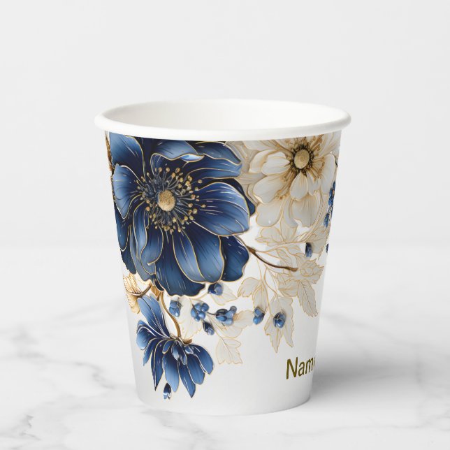 Gobelets En Papier Wedding Navy Blue White Golden Floral Silver (Recto)
