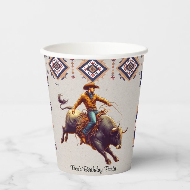 Gobelets En Papier Western Cowboy Bull Rider Aztec fête d'anniversair (Recto)