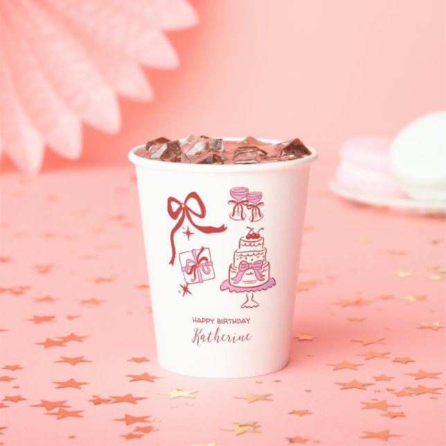 Gobelets En Papier Whimsical Hand Drawn Red Pink Birthday Party (Insitu)