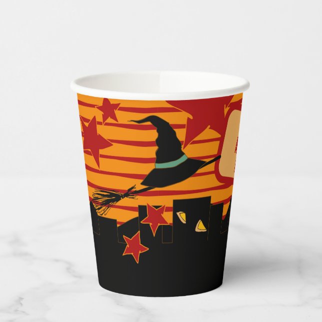 Gobelets En Papier Whimsical Retro Witch Hat Over Skyline Halloween (Gauche)