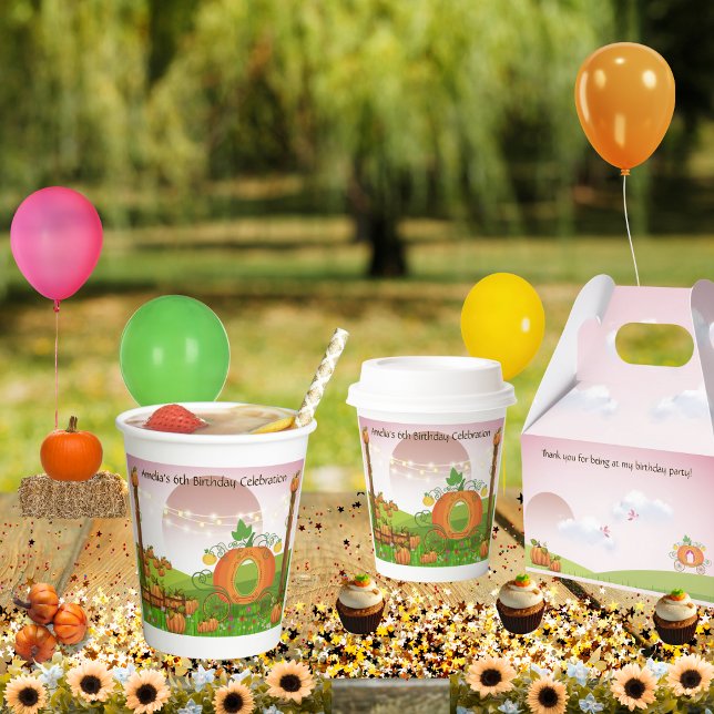 Gobelets En Papier Whimsical Rose Pink Sky Citrouille Carriage Annive (Autumn sky pumpkin patch with whimsical carriage and personalized birthday or event celebration cups)