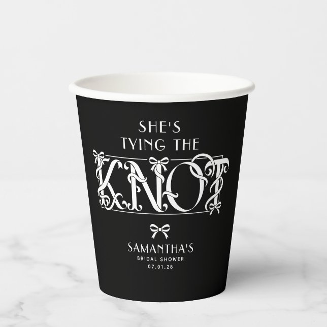 Gobelets En Papier White Bow She's Tying the Knot Black Bridal Shower (Recto)